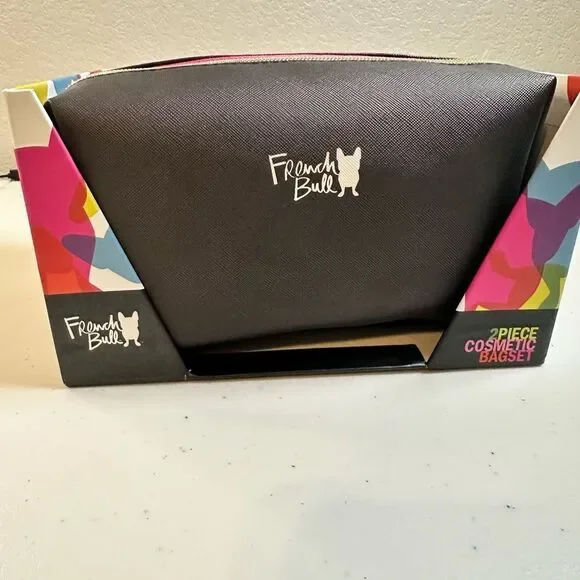 NIB French Bull 2 Piece Black and Pink Cosmetic Bag Set Heart Graphics - Picture 4 of 7